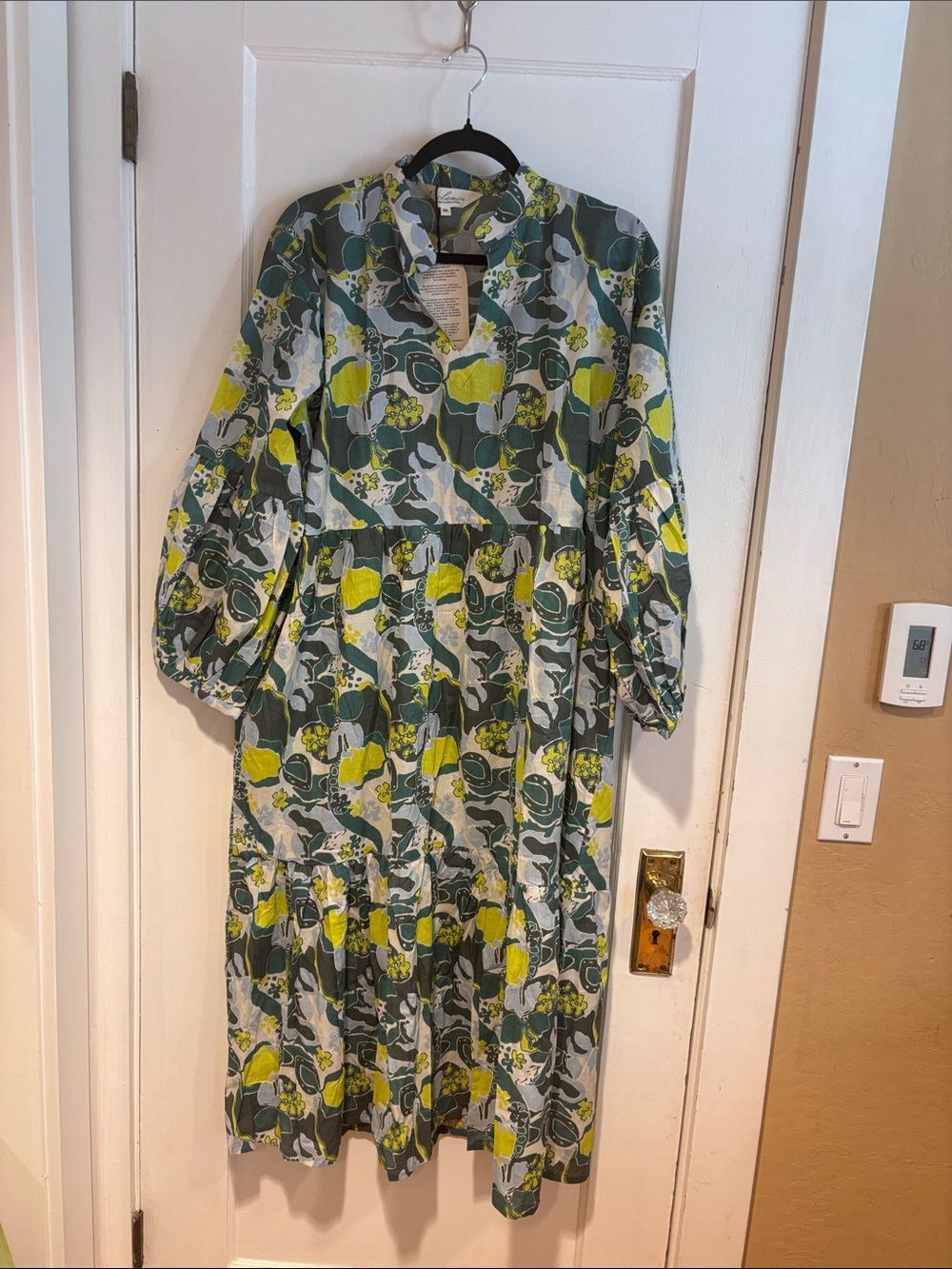Cyclamen Printed Tiered Midi Dress in Green & Yellow - Lightweight Collar Detail